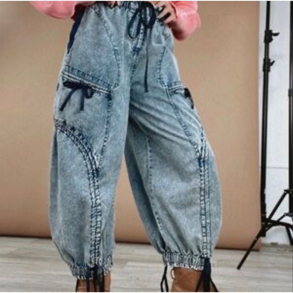 Blue Velvet Drawstring Lace Up Boho Pants Acid Wash Size L